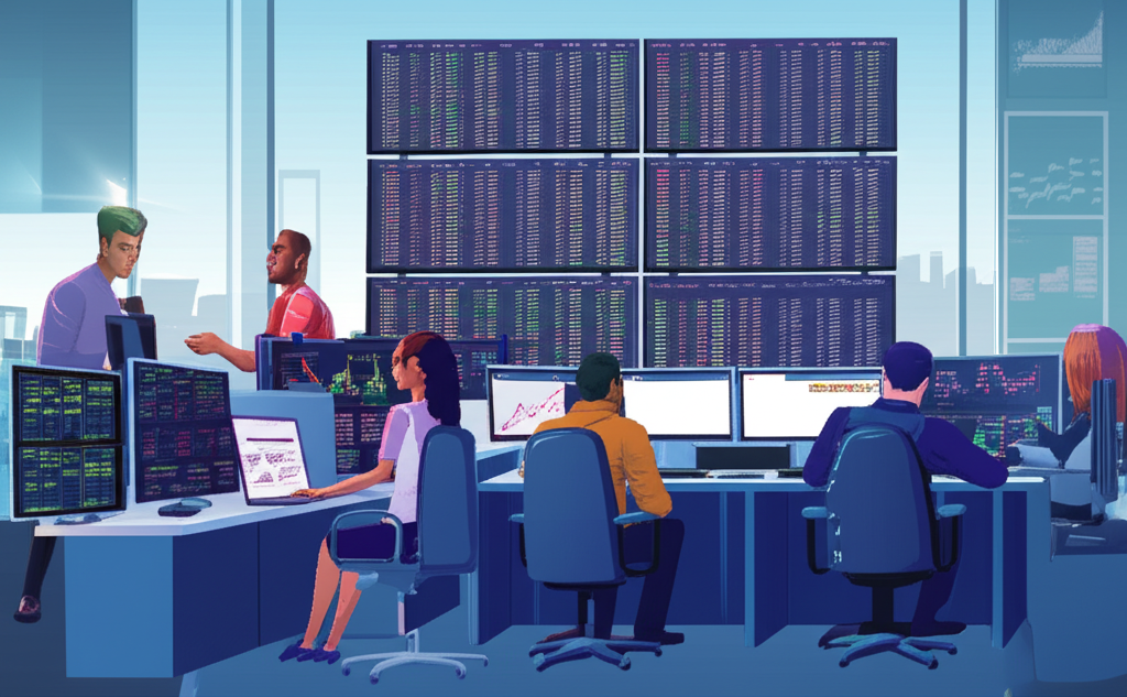 A digital trading room with diverse traders analyzing currencies