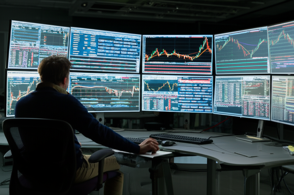 A trader monitoring automated trading strategies on multiple screens with charts and real-time data feeds