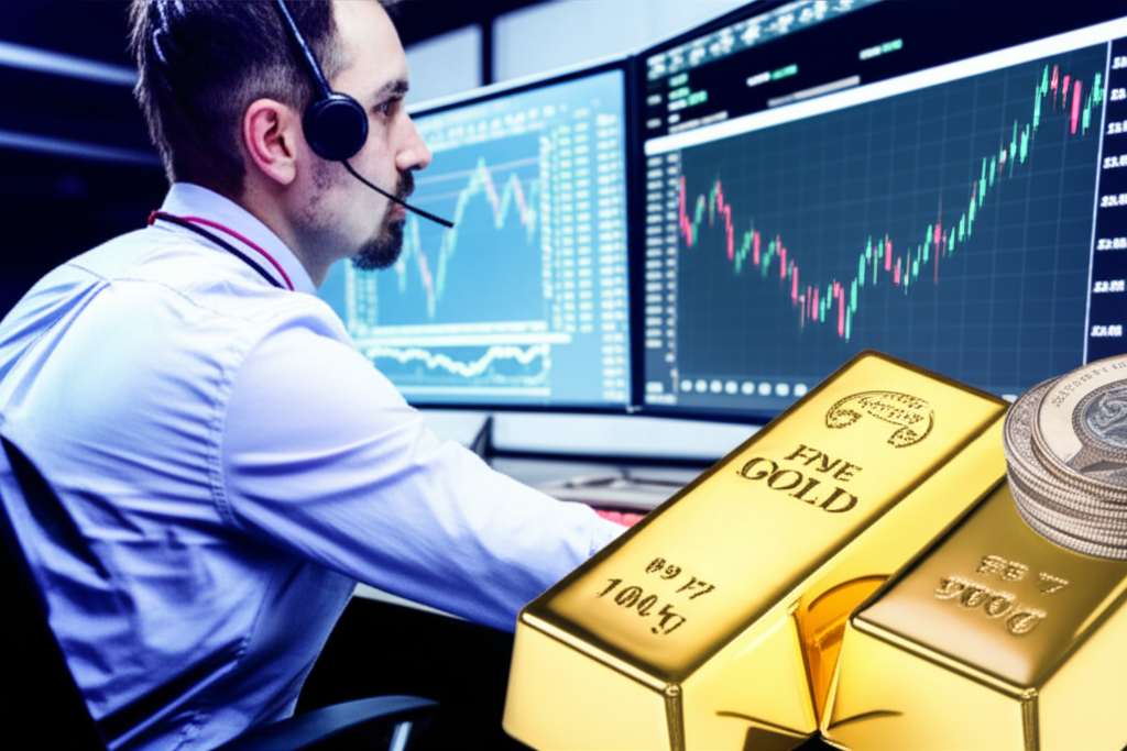 A trader analyzing forex market trends with precious metals