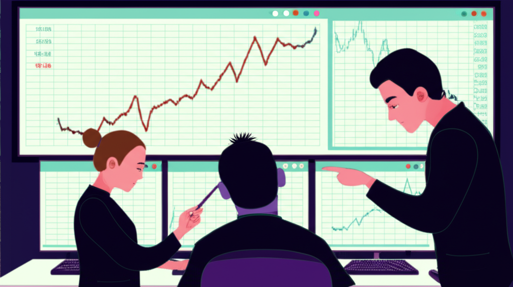 Illustration of traders analyzing forex data on multiple screens with charts and indicators