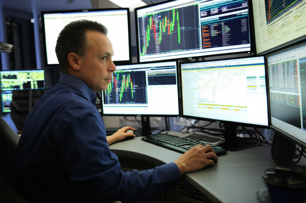 Trader navigating US forex market with real-time data and regulatory compliance indicators