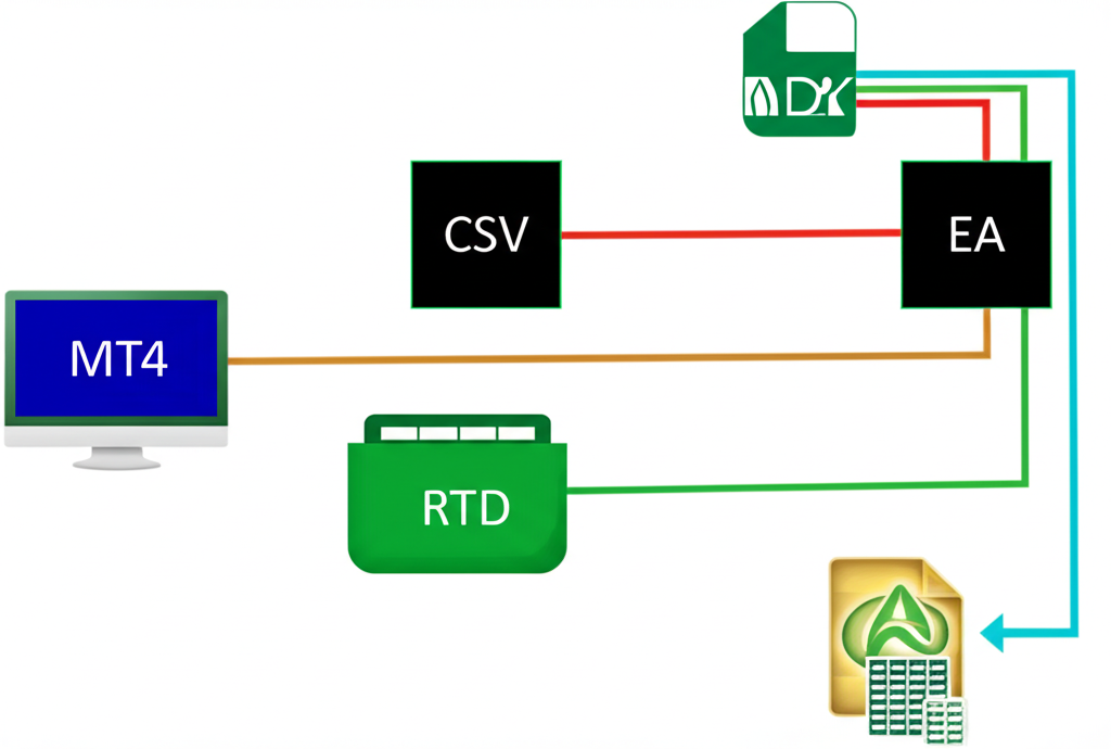 Four labeled bridges connecting MT4 to Excel, representing DDE, CSV, RTD, and EA-based integration methods
