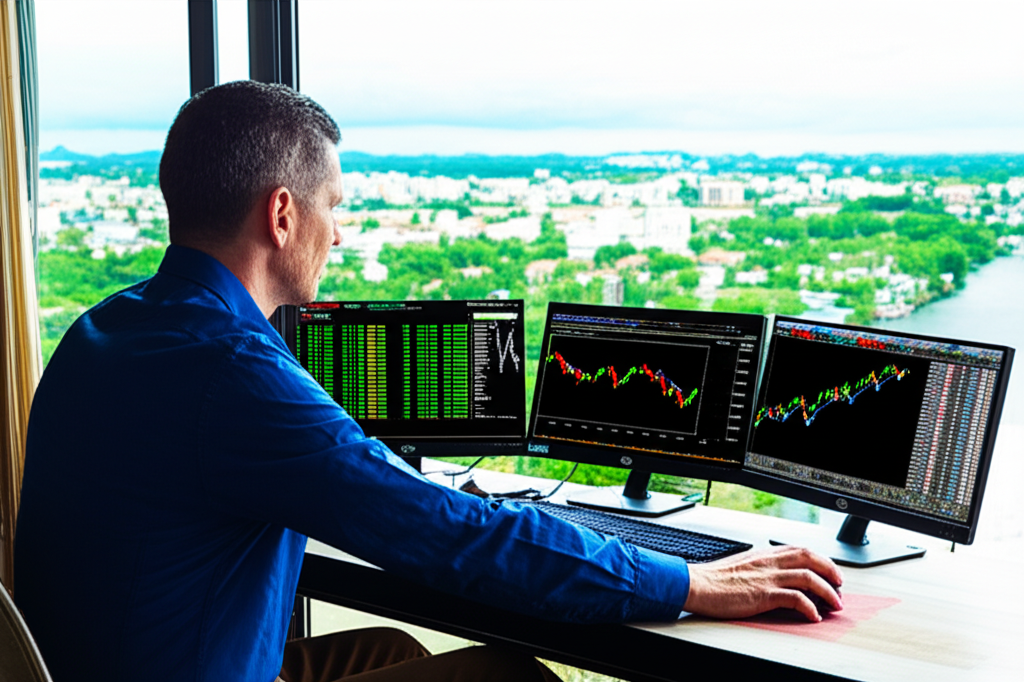 US trader navigating forex in Thailand with digital charts and Thai flag