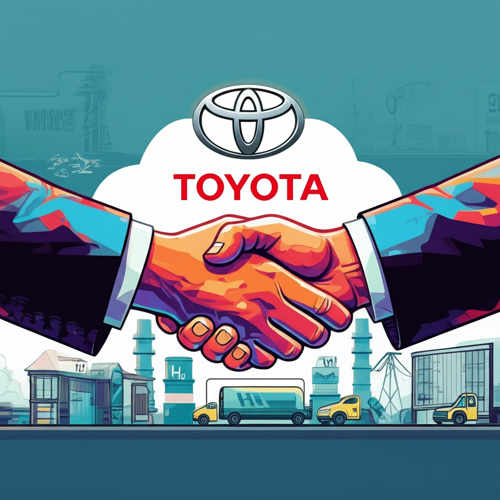 Illustration of Toyota and Chevron logos shaking hands, symbolizing a strategic alliance for sustainable mobility with hydrogen and energy infrastructure elements in the background