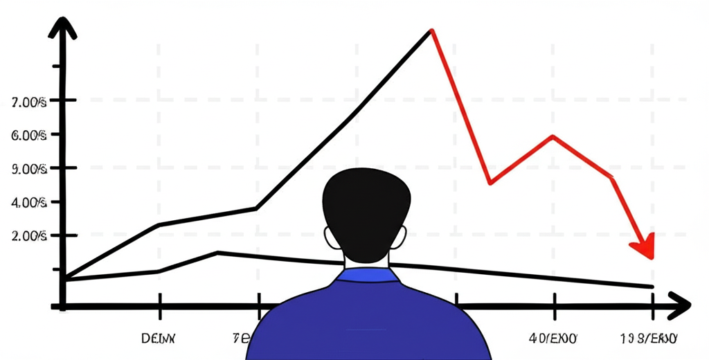 Illustration of a financial chart with clear upward and downward trends, showing arrows indicating movement, with a stylized investor figure observing it calmly, representing systematic investment