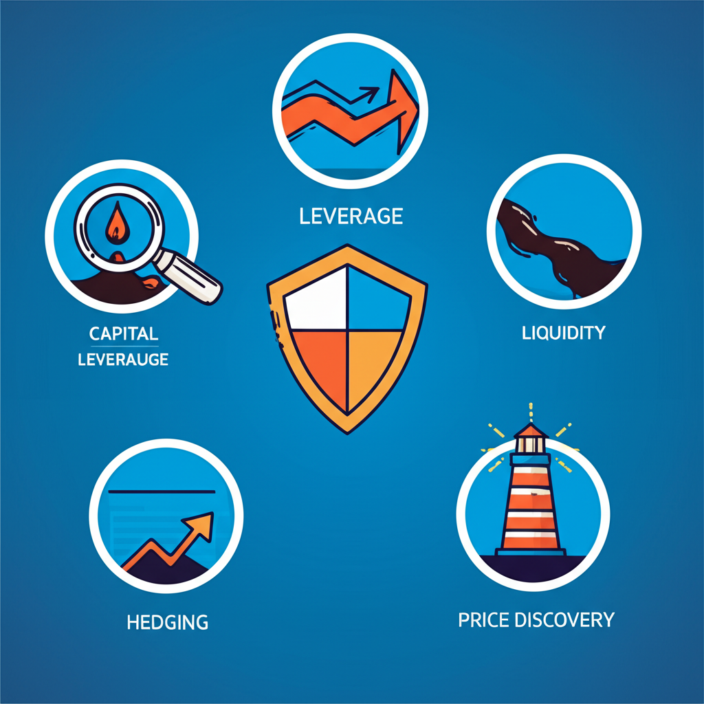 Illustration highlighting leverage, liquidity, hedging, diversification, and price discovery in oil futures trading