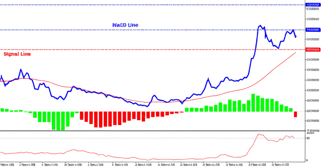 An illustration showing the three distinct components of the MACD indicator: the MACD Line, Signal Line, and Histogram, clearly separated but working together on a financial chart to represent market momentum.