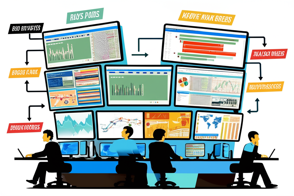 Illustration of market makers managing bid-ask spreads across multiple screens, symbolizing their role in providing liquidity and profiting from high-volume retail order flow