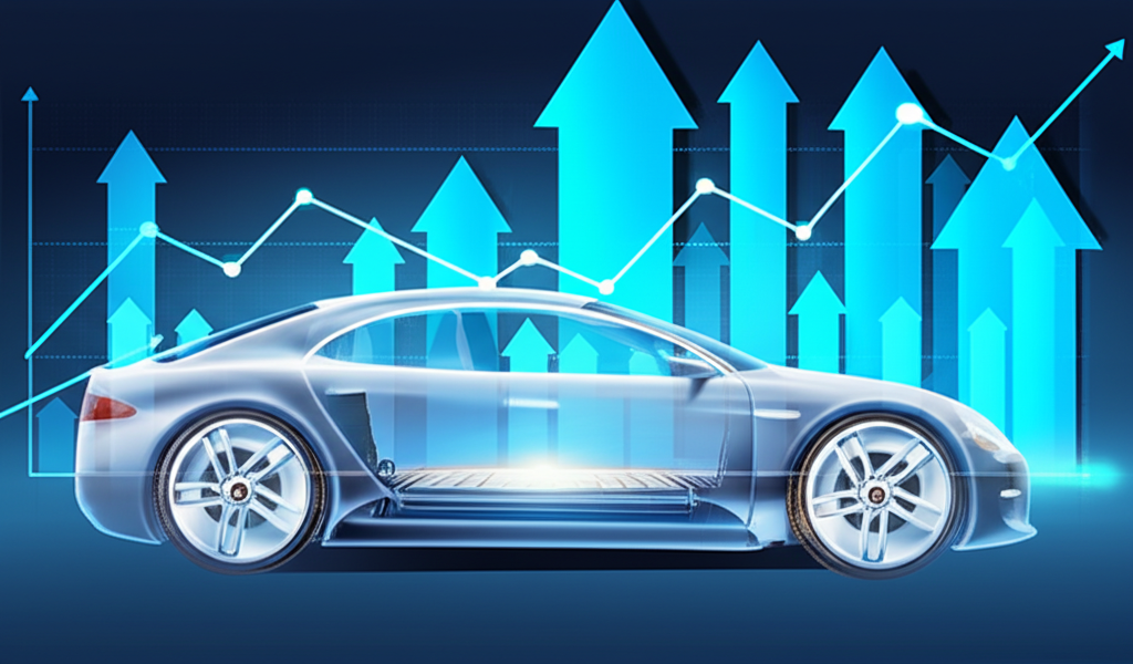 Illustration of a sleek electric car with a glowing battery at its core, surrounded by financial charts and upward arrows, symbolizing investment in EV battery stocks