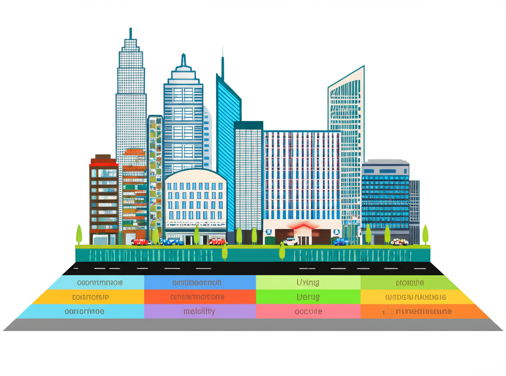 Seven interconnected pillars—governance, mobility, environment, living, economy, people, infrastructure—supporting a vibrant smart city