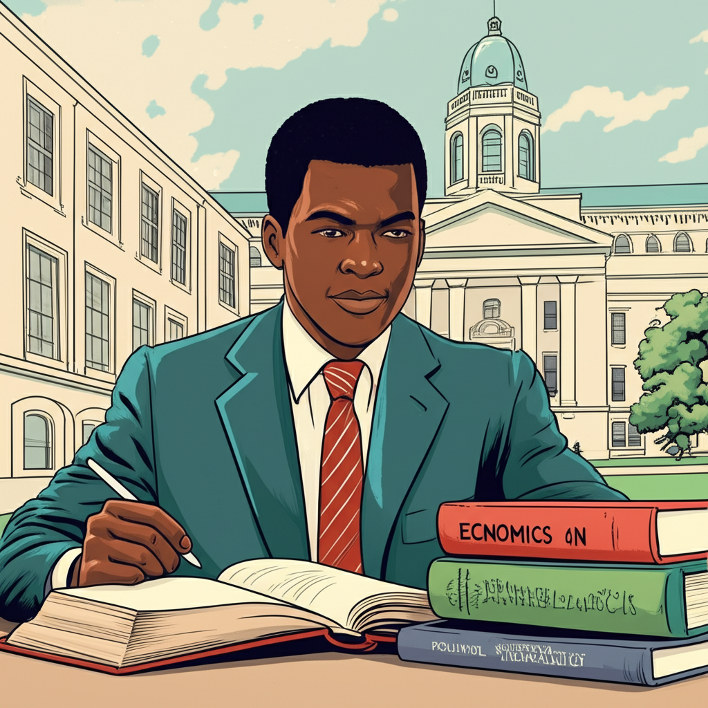 Illustration of a younger Gaylon Morris studying political science at Southwestern University, with books and a university building, symbolizing academic foundations and the intersection of business and policy