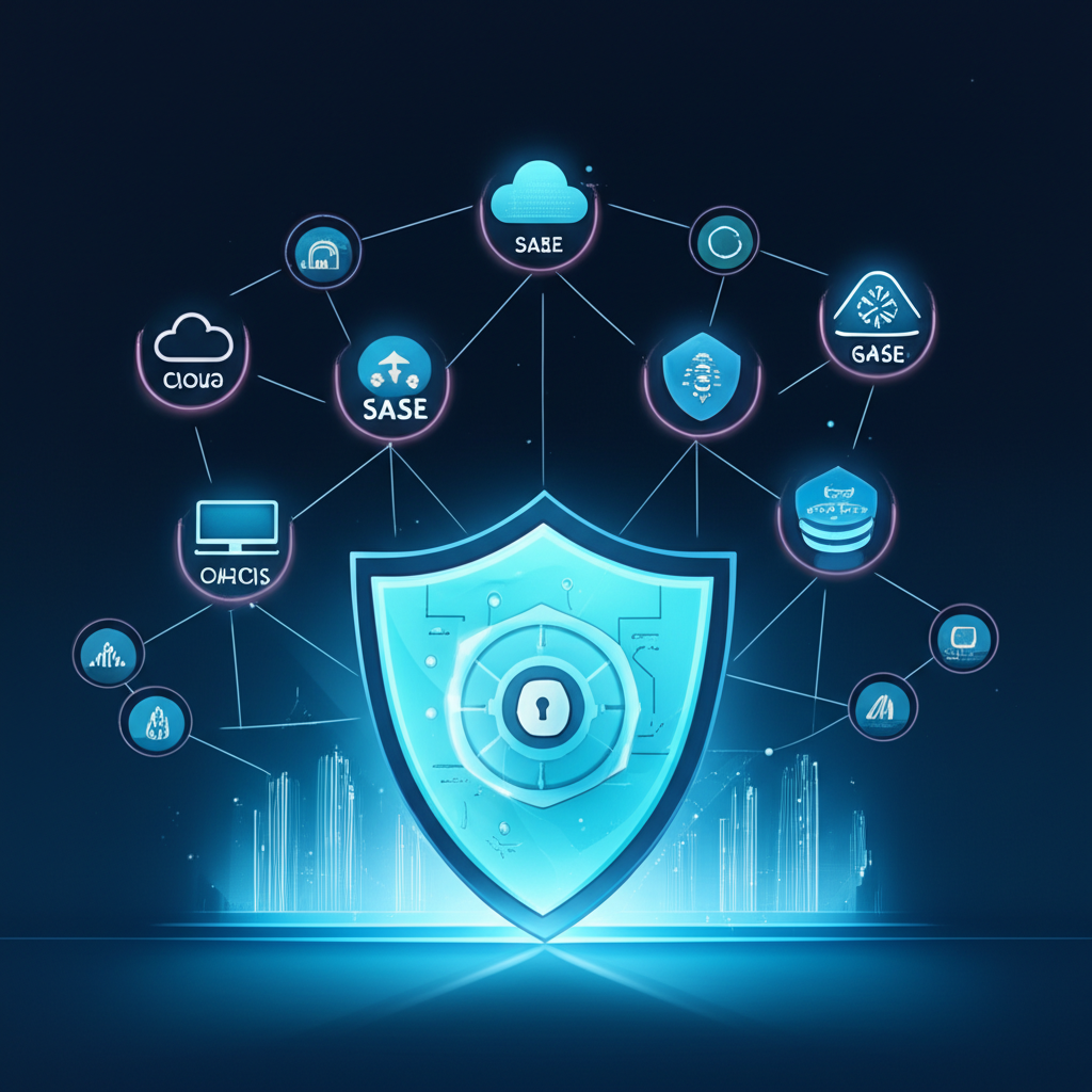 Illustration of Palo Alto Networks' integrated security platform strategy with cloud and SASE tools converging into a unified digital shield