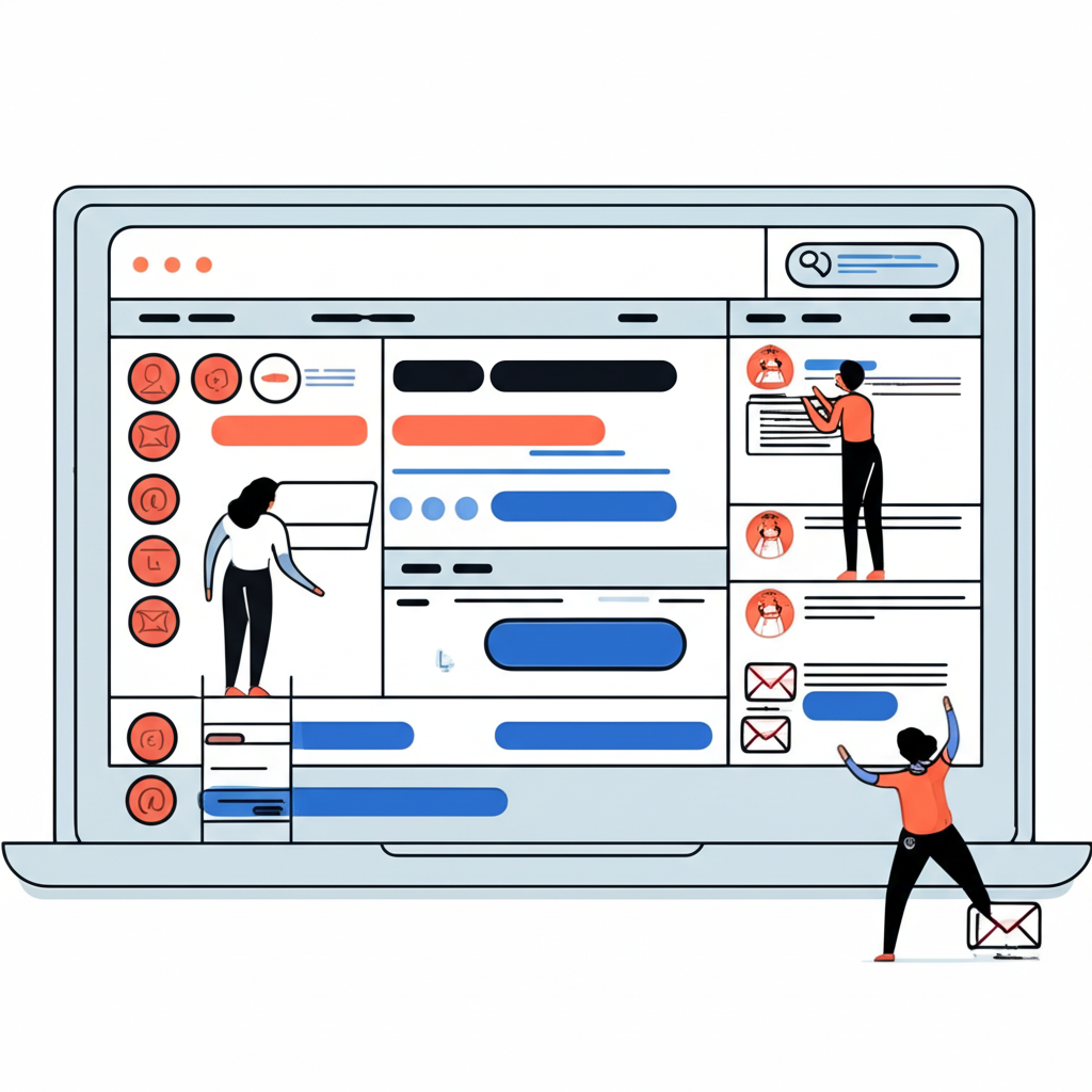 Illustration of a digital interface showing various official contact forms and email icons, with Annie Duke's team members efficiently sorting messages, emphasizing organized communication flow, illustration style.