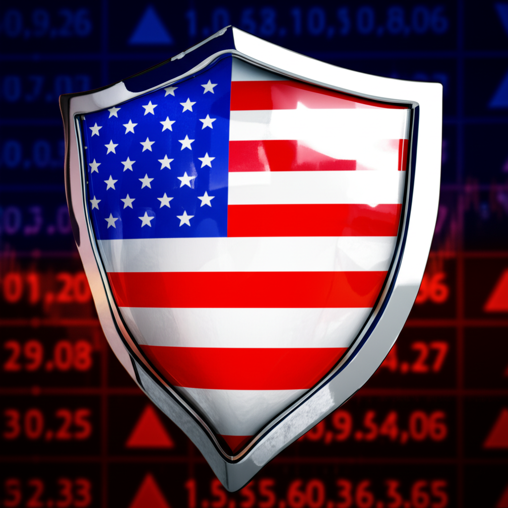 Forex chart with shield and US flag symbolizing trader protection