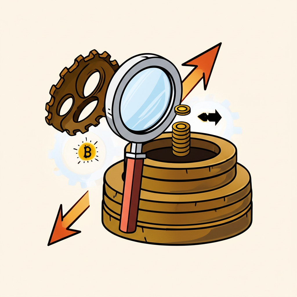 Illustration of an abstract financial mechanism showing leverage magnifying a small initial investment, with arrows pointing up for 'long' and down for 'short' on crypto price movements, and small cost icons.