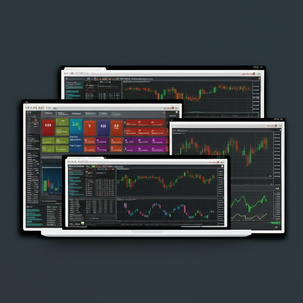 Illustration of various forex platforms (MT4, MT5, WebTrader) with currency symbols