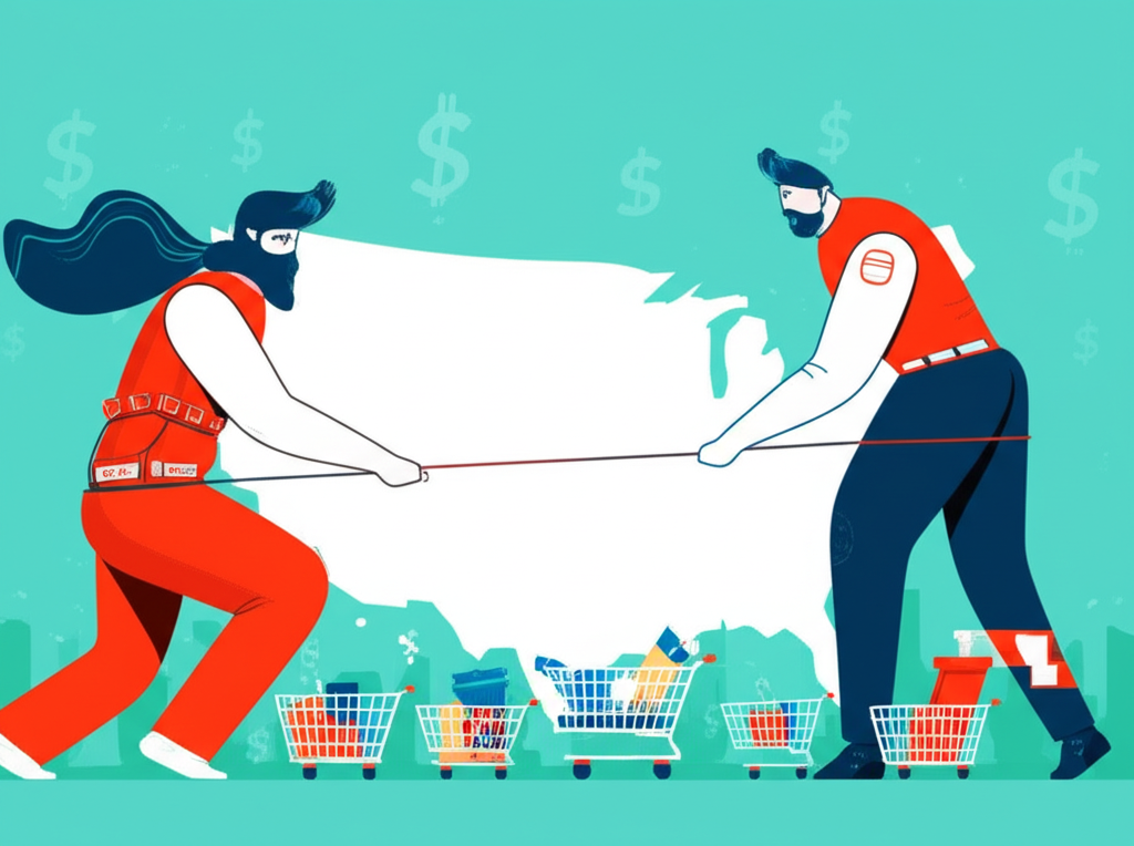 Illustration of Temu and Shein as giants battling over the US e-commerce market