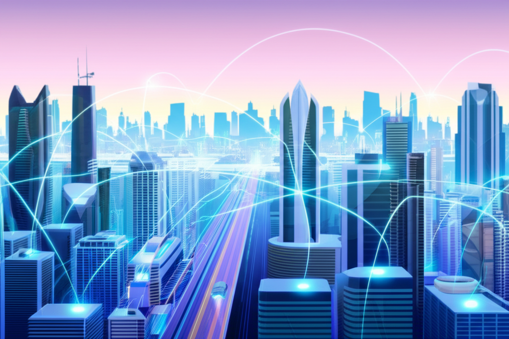 Futuristic cityscape with glowing data streams connecting buildings and vehicles, symbolizing smart urban futures and investment