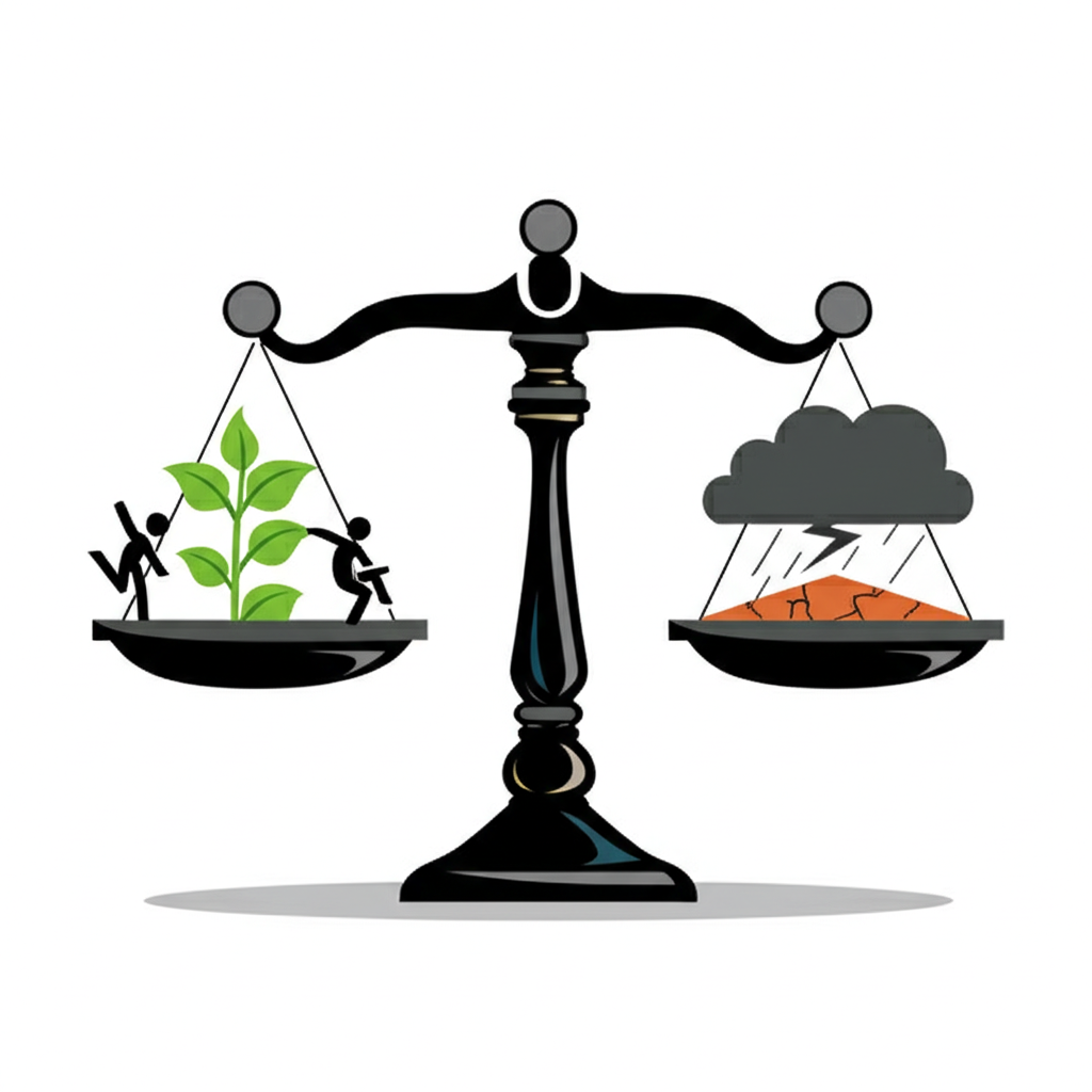 Illustration showing a balanced scale, with one side depicting advantages like a growing plant and a nimble figure, and the other side showing disadvantages like a turbulent storm cloud and a shaky foundation, representing small-cap pros and cons