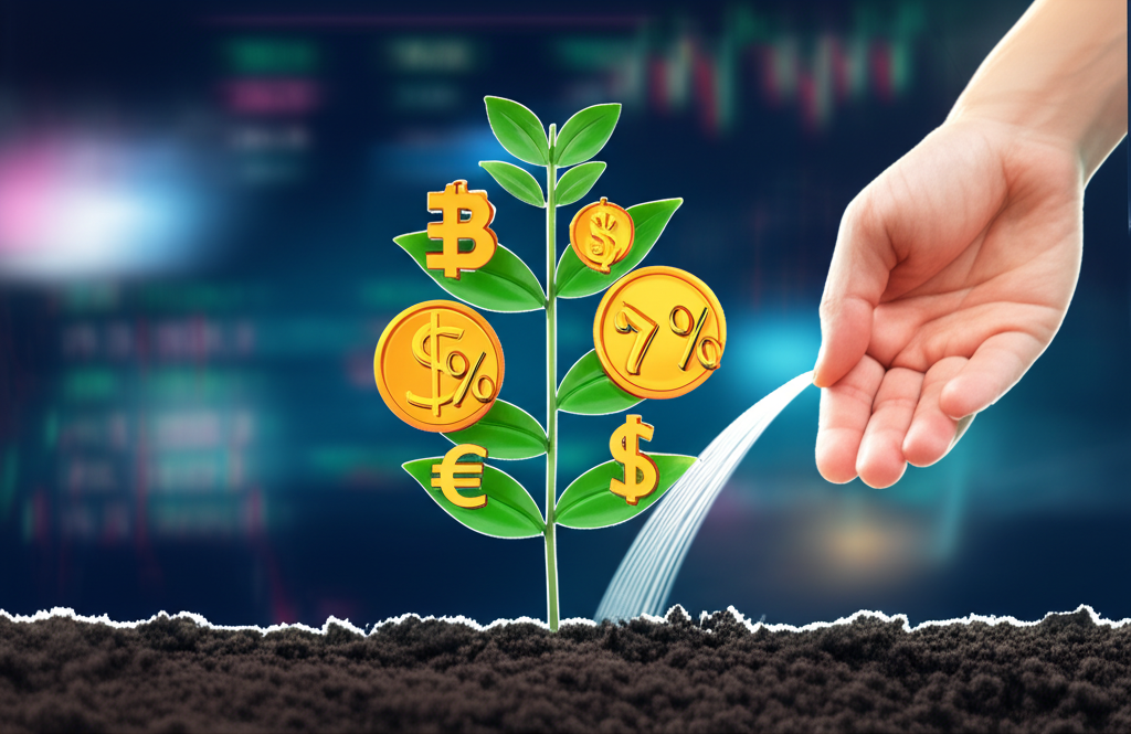 Illustration of a person tending to a growing plant made of coins and financial symbols, representing trading capital as essential fuel for growth, in a dynamic financial market setting.