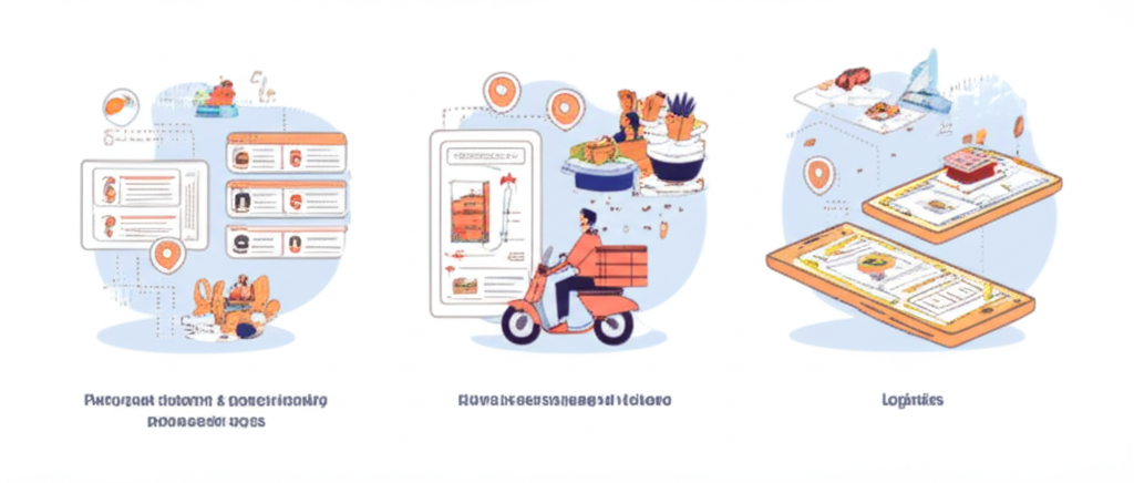 Visual breakdown of food delivery business models: aggregator, full-stack logistics, and hybrid platforms