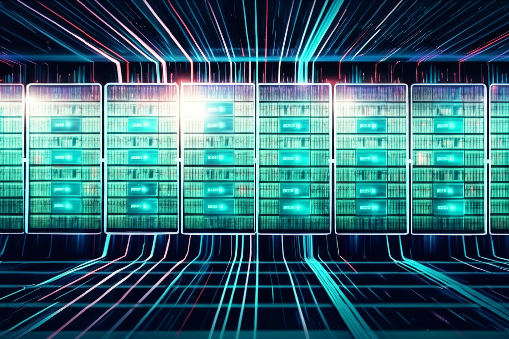 Illustration of thousands of NVIDIA H100 GPUs glowing brightly within a supercomputer, forming a powerful technological backbone, with data flowing rapidly, emphasizing their critical role in French AI development