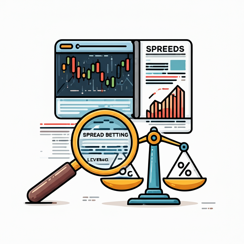 Visual breakdown of spread betting concepts including spreads, margins, leverage, and profit/loss mechanics