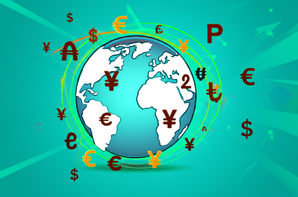 Global forex market with interconnected currency symbols USD, EUR, JPY illustrating international currency exchange