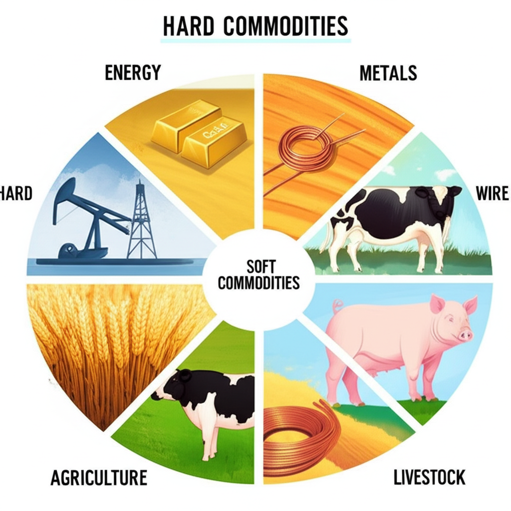 Illustration showing categories of commodities: energy (oil rig), metals (gold bar, copper wire), agriculture (wheat field), and livestock (cattle, pig), differentiating between hard and soft commodities
