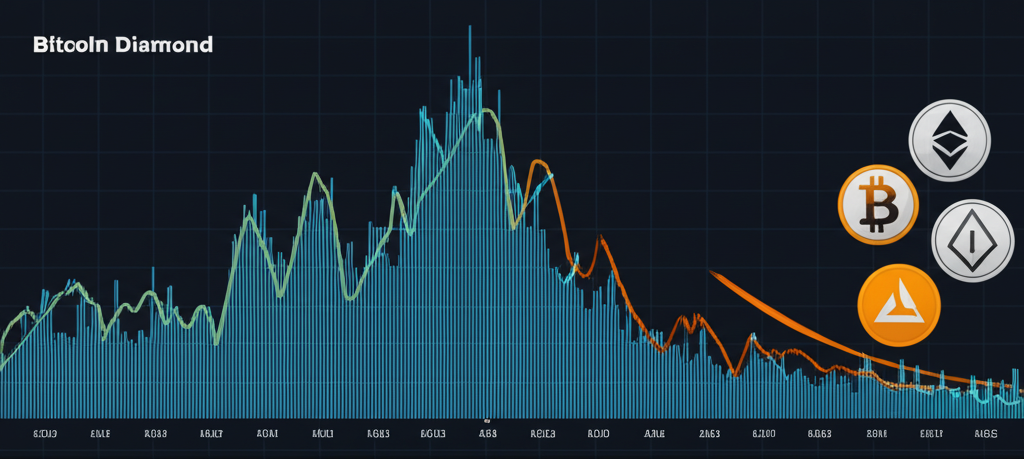 Illustration depicting the volatile market history of Bitcoin Diamond, with price charts fluctuating, reflecting investor sentiment, market trends, and competitive altcoin landscape
