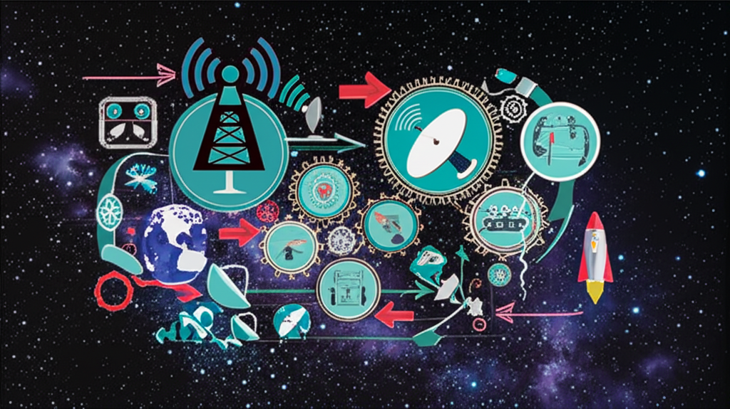 Illustr游戏副本 depicting a complex ecosystem of interconnected space sectors, with various icons representing satellite communications, launch services, and Earth observation, linked by gears and growth arrows, set against a star-filled background, in a detailed, infographic style.