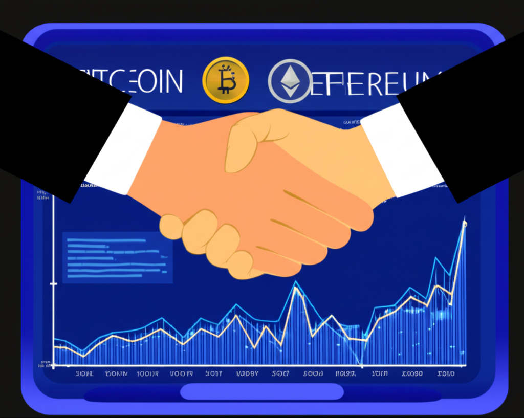 Two hands shaking over a digital screen showing Bitcoin and Ethereum charts, symbolizing a broker-based price difference contract