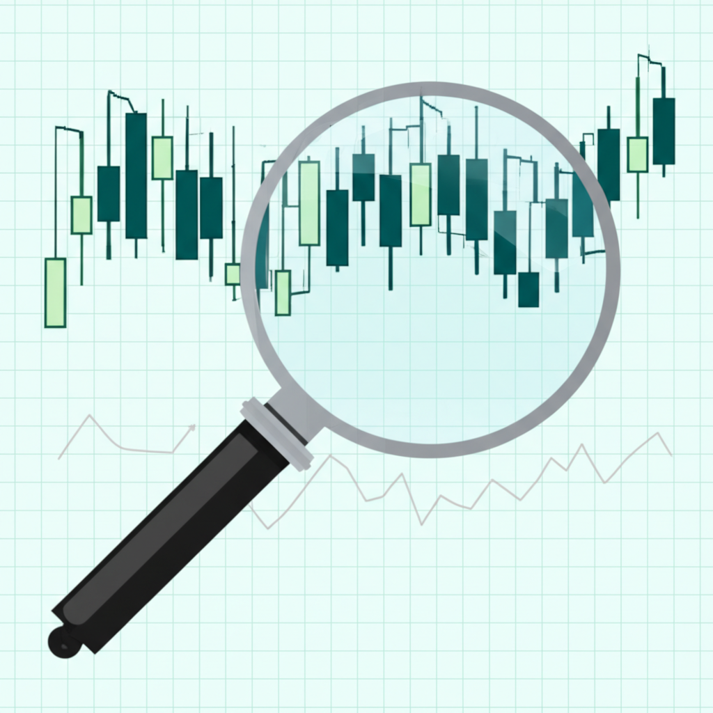 Illustration showing financial market charts with oscillating prices, highlighting identifiable 'swings' and emerging trends, with magnifying glass focusing on technical analysis patterns, disciplined and analytical