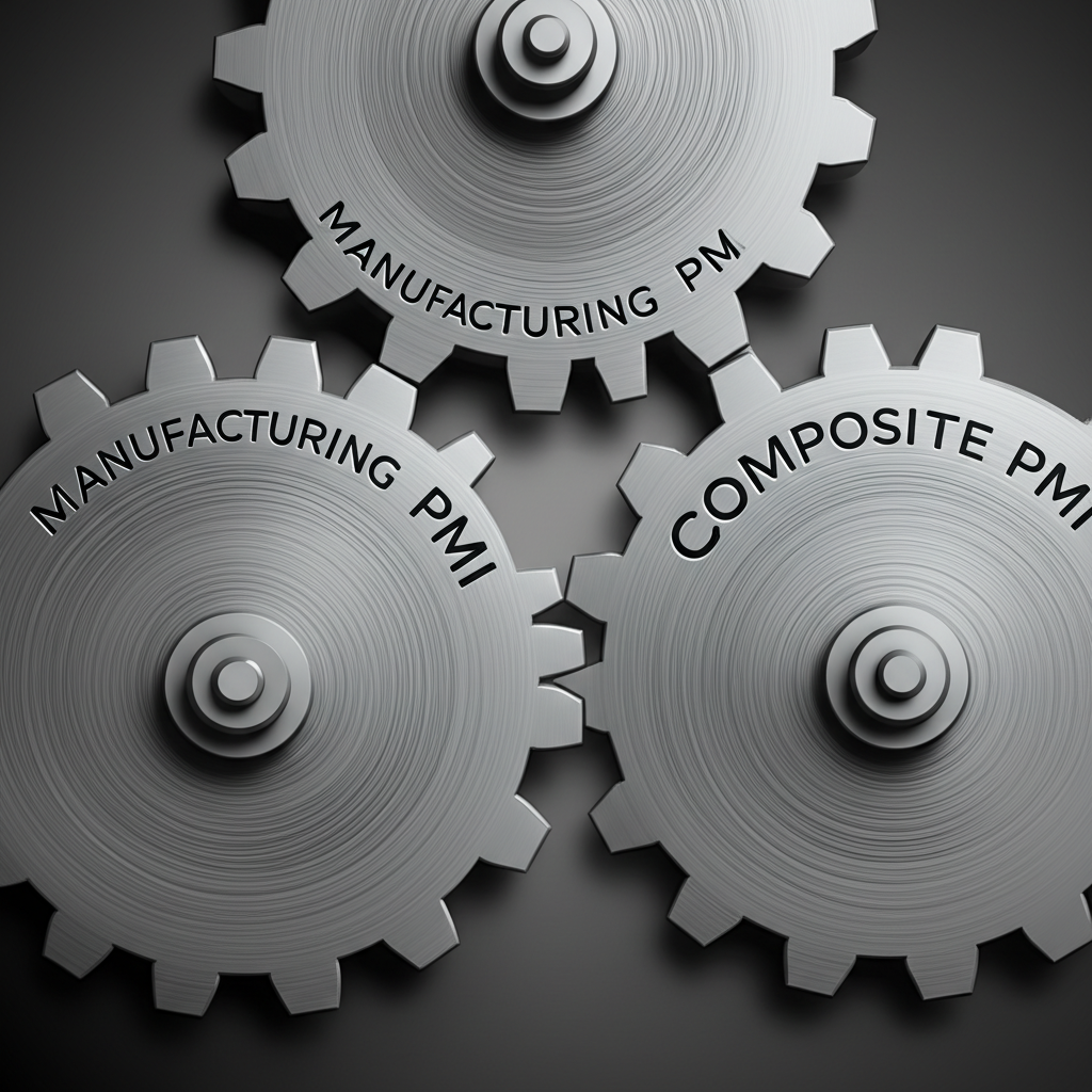 Three interlocking gears labeled Manufacturing PMI, Services PMI, and Composite PMI representing sectoral integration
