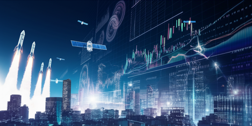 Futuristic cityscape with rockets launching, satellites in orbit, and financial charts symbolizing commercial space investment