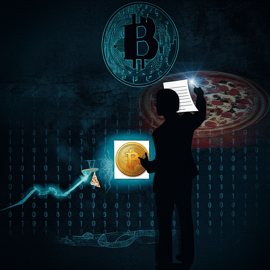 An illustration showing Satoshi Nakamoto (anonymous figure) publishing the Bitcoin whitepaper, with a blockchain growing from a Genesis Block, and a subtle nod to the first pizza transaction.