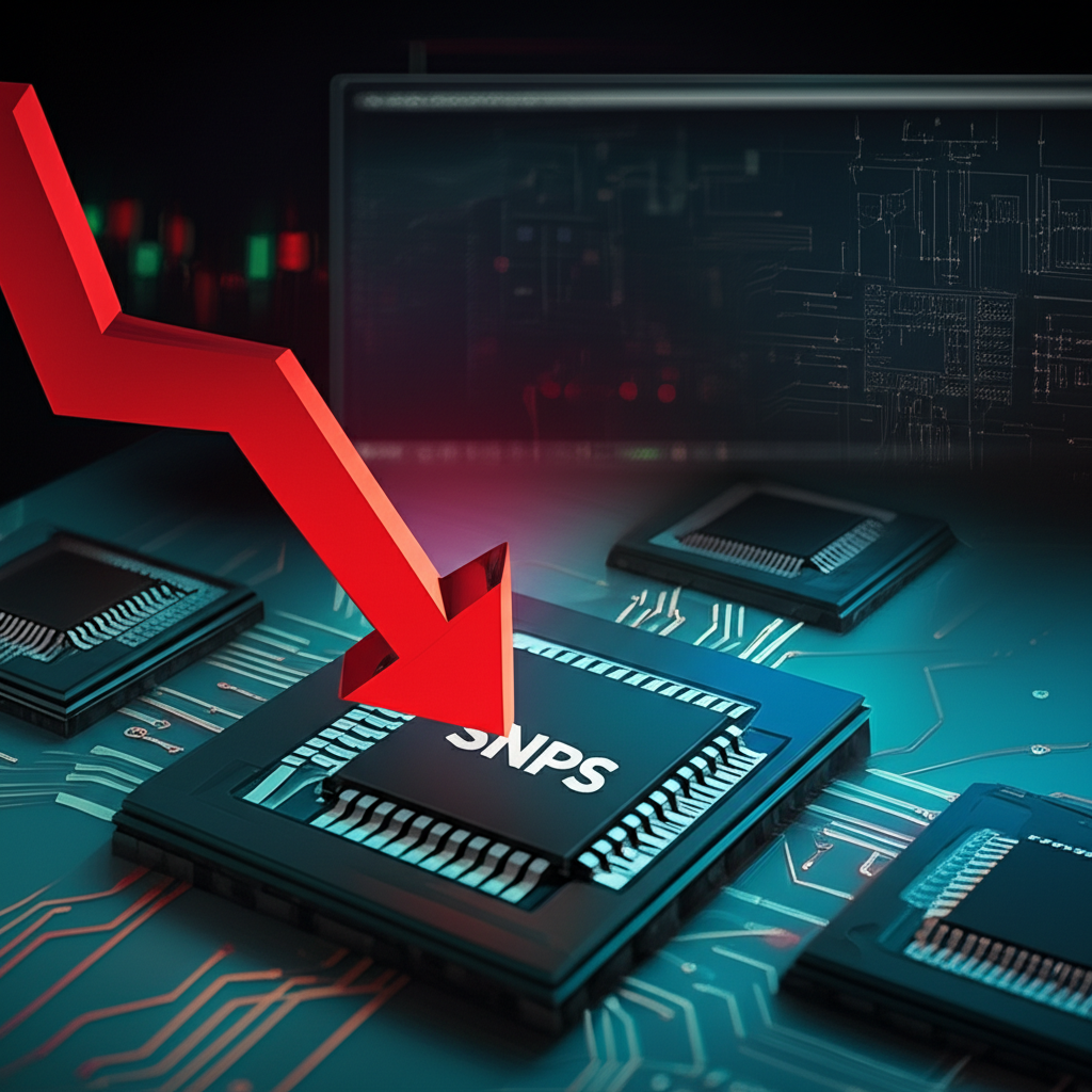 Illustration of microchips, design tools, and a declining SNPS stock chart