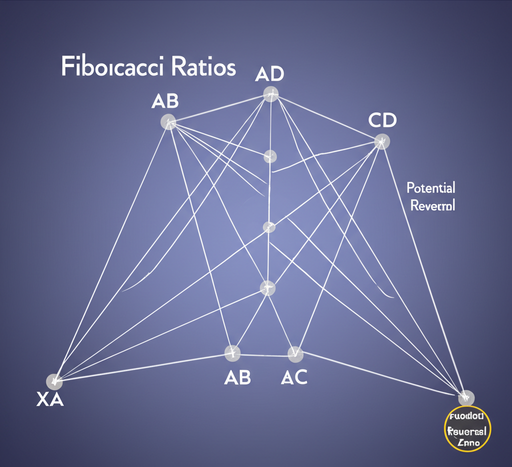 Educational diagram showing common harmonic patterns including Gartley, Bat, Butterfly, Crab, and Cypher with labeled XABCD legs and PRZ zones