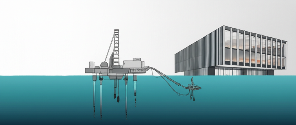 Modern Norwegian headquarters of Loke Marine Minerals with conceptual deep-sea mining equipment beneath the ocean, symbolizing sustainable extraction of critical raw materials for green energy