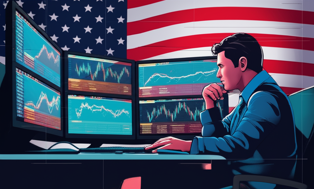 Trader analyzing charts with US flag in background, digital illustration