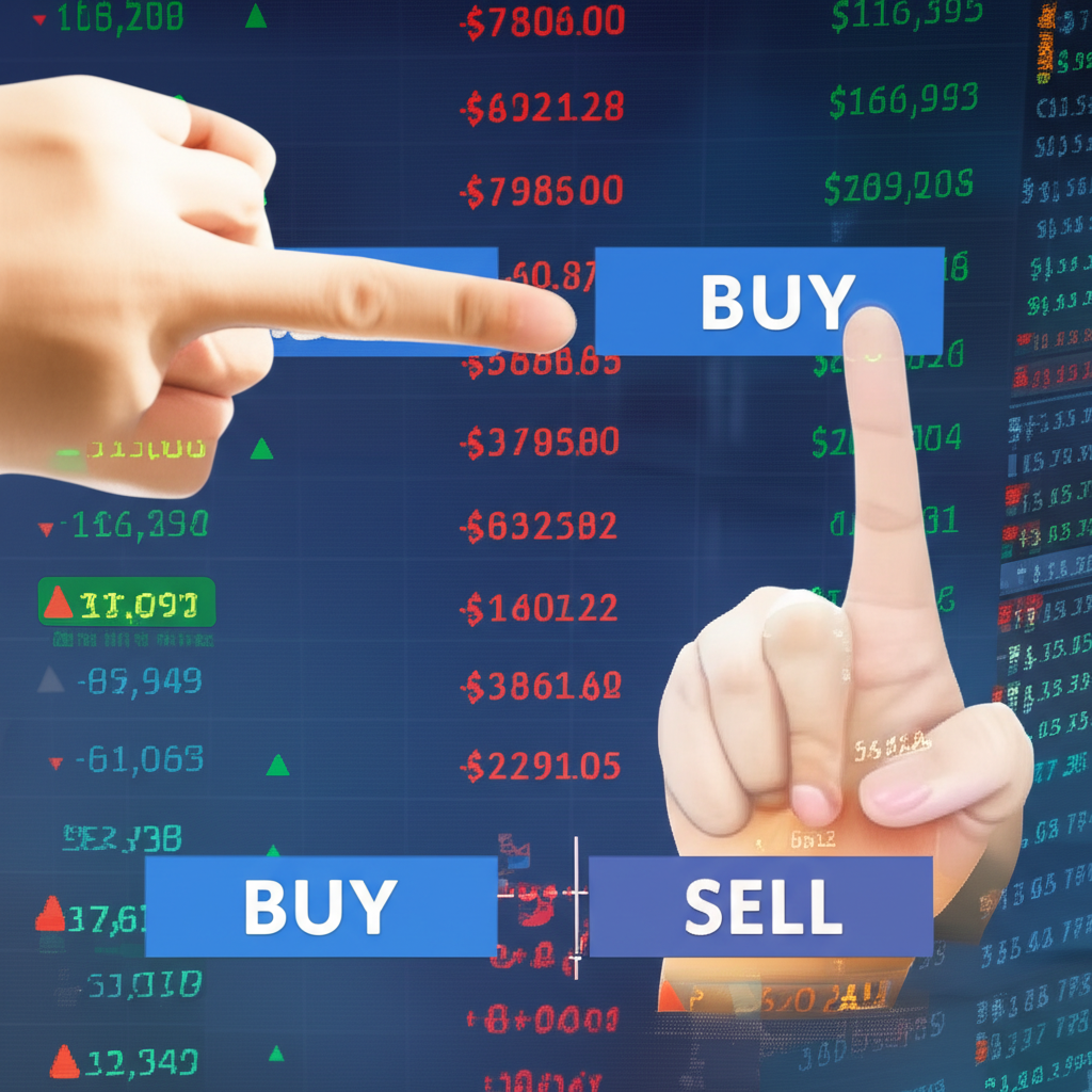 Illustration of two hands pressing buy and sell buttons with a visible spread gap, showing long and short positions