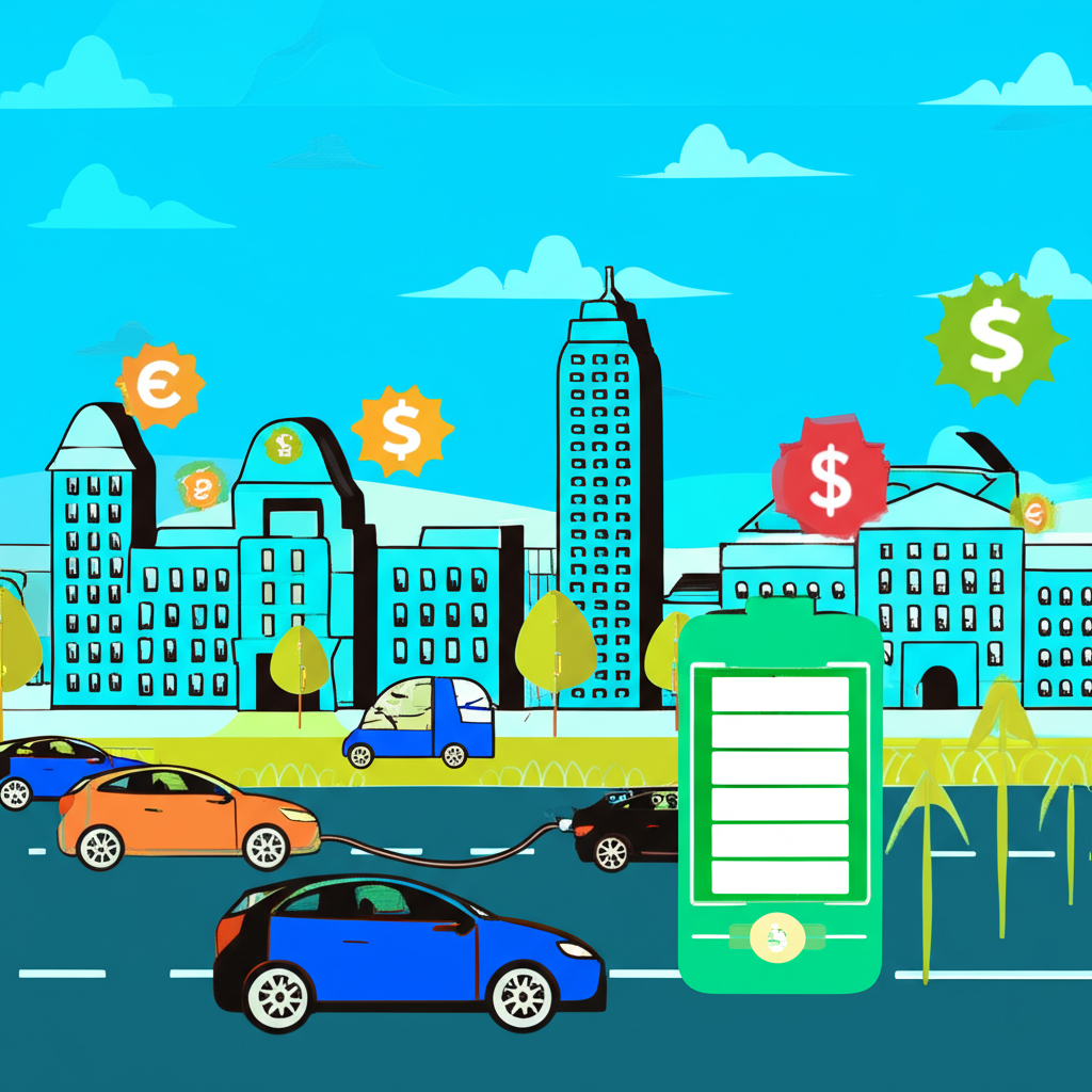 Cityscape with clean air, electric vehicles, government subsidy symbols, and battery with growth arrows