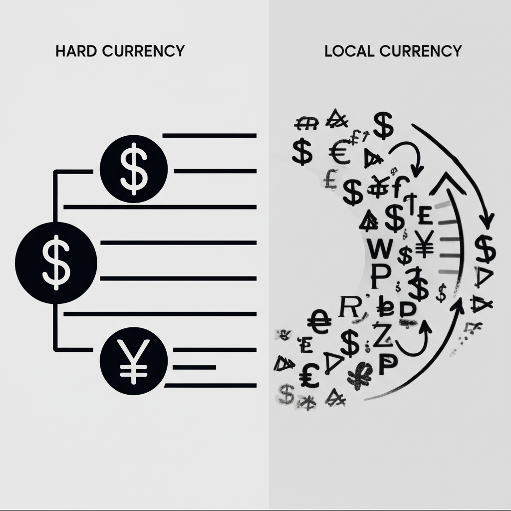 Visual comparison of hard currency and local currency emerging market bonds, highlighting stability versus currency fluctuation and differing risk profiles