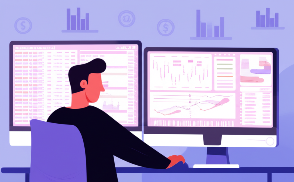 Forex trader actively scalping on multiple screens with real-time data visualization, digital dashboard display