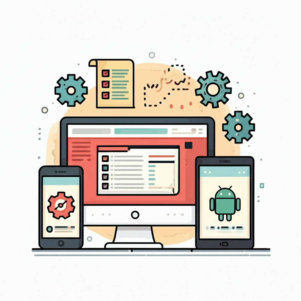 An illustrative guide icon with a checklist and gear symbols, representing a comprehensive guide for MT4 One Click Trading, showing desktop, iOS, and Android devices in a connected, informative illustration style.
