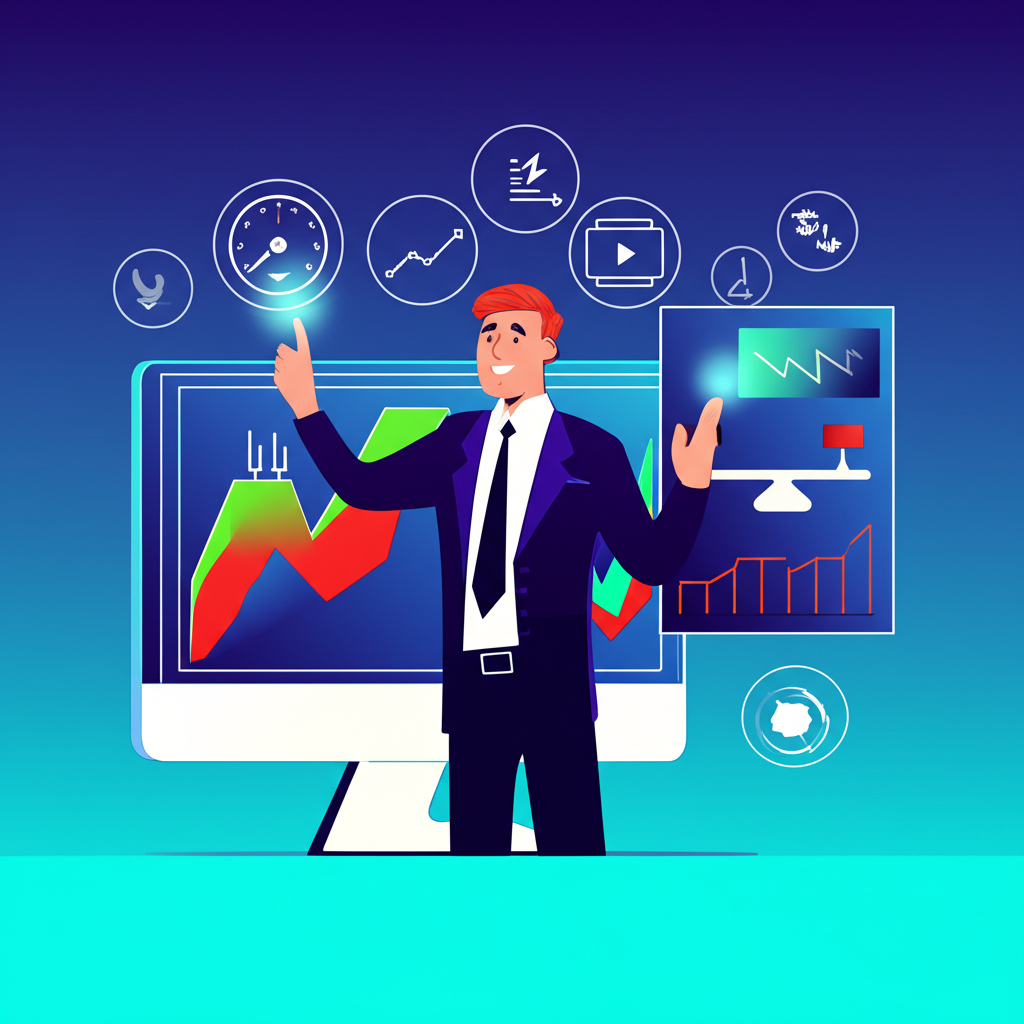 Illustration: A trader confidently making decisions, surrounded by icons symbolizing market trends, momentum, volatility, and overbought/oversold conditions. A screen shows clear indicator signals for strategic insights.