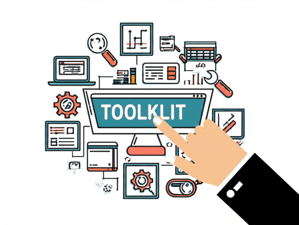 Illustration of digital CFD trading tools and software icons arranged around a toolkit symbol, showing how traders select and combine resources