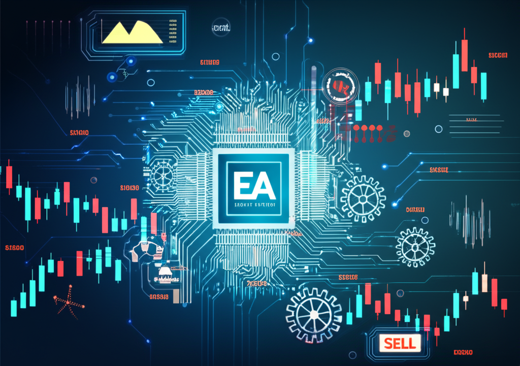 Visual representation of an EA's algorithm with gears, market data flow, and instant trade execution signals