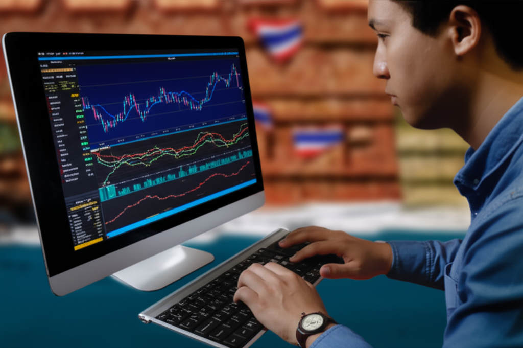 Forex trader using OCO orders with a digital interface featuring Thai market data