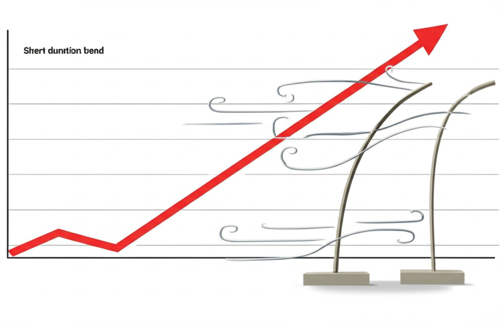 Illustration of a central bank raising interest rates (represented by a rising graph), with short duration bonds standing firm against a strong wind, while longer bonds bend, showing resilience to inflation